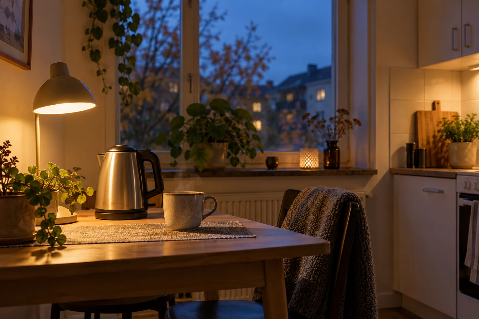 En tänd lampa, en vattenkokare och en mugg i ett kök i skymning.