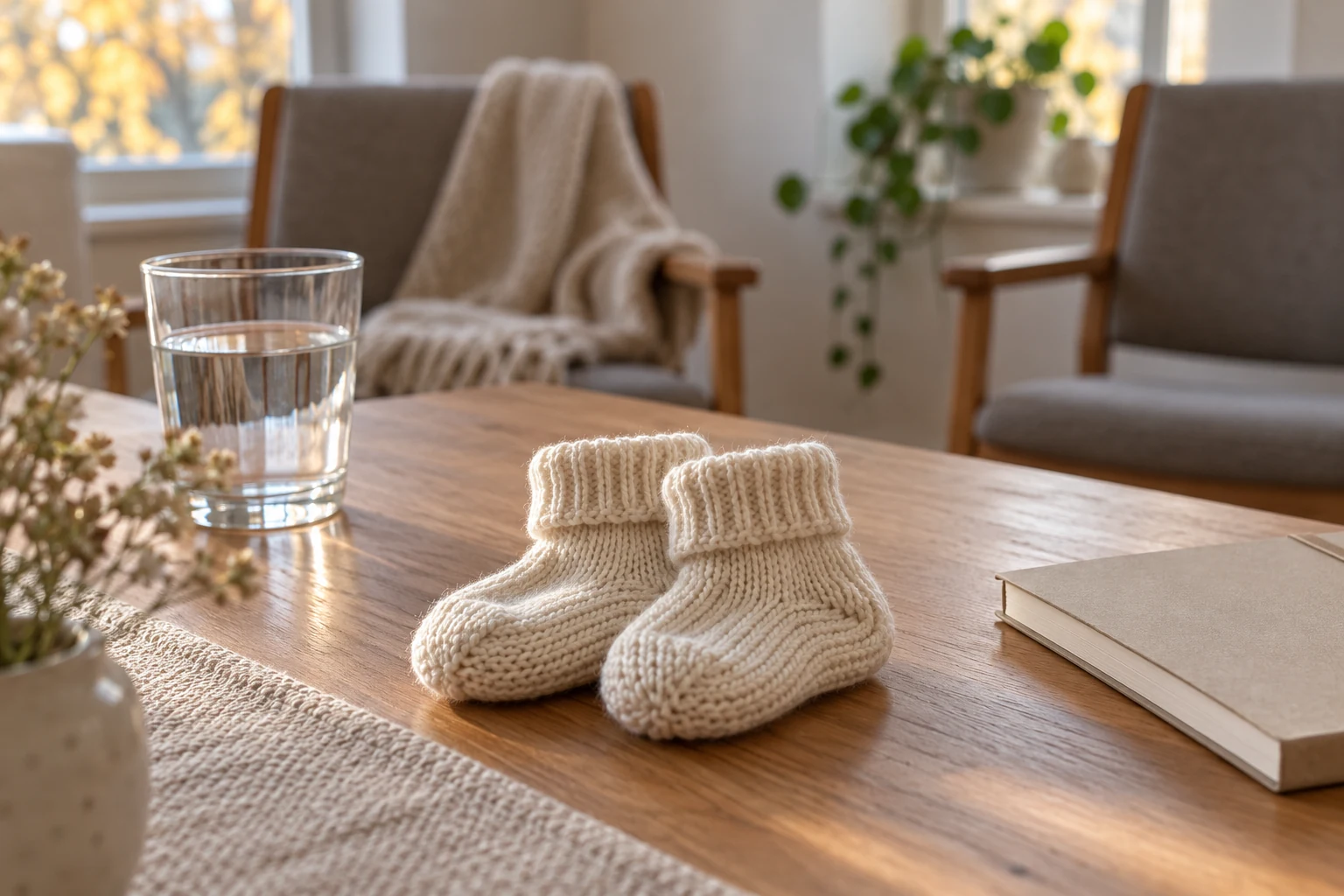 AI-illustration: Små stickade sockor och en anteckningsbok.