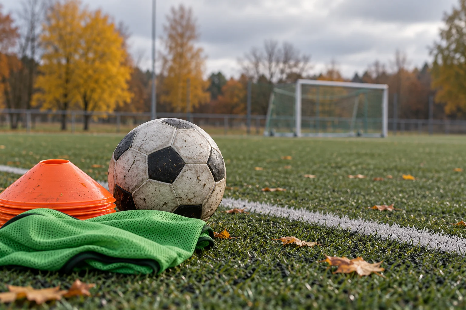 AI-illustration: Fotboll, koner och träningsväst på en plan.