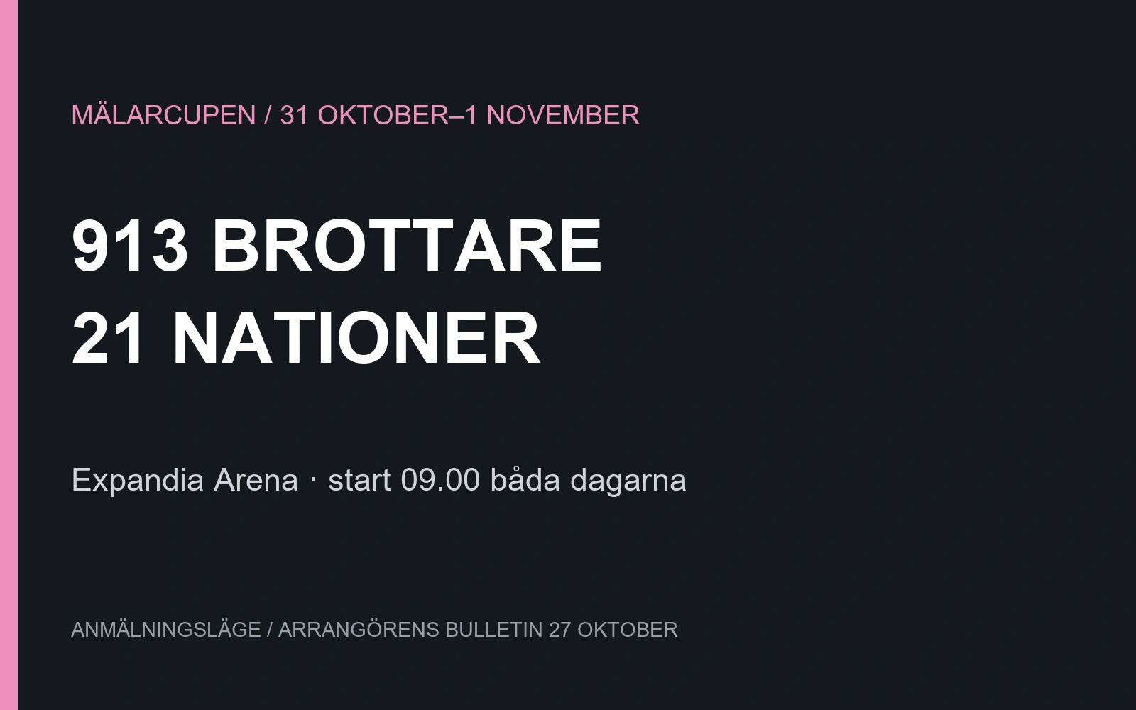 913 brottare från 21 nationer anmälda enligt bulletin 27 oktober. Mälarcupen 31 oktober–1 november, start klockan 09 båda dagarna.
