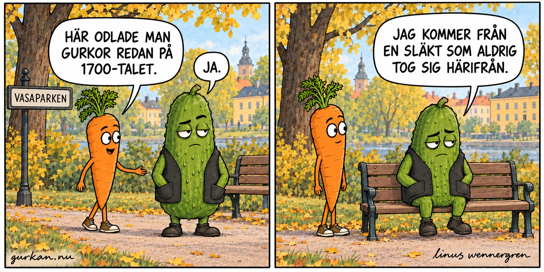 Två rutor i Vasaparken. Moroten berättar om parkens gurkodling på 1700-talet. Gurkan sätter sig på en bänk och konstaterar att hans släkt aldrig tog sig därifrån.