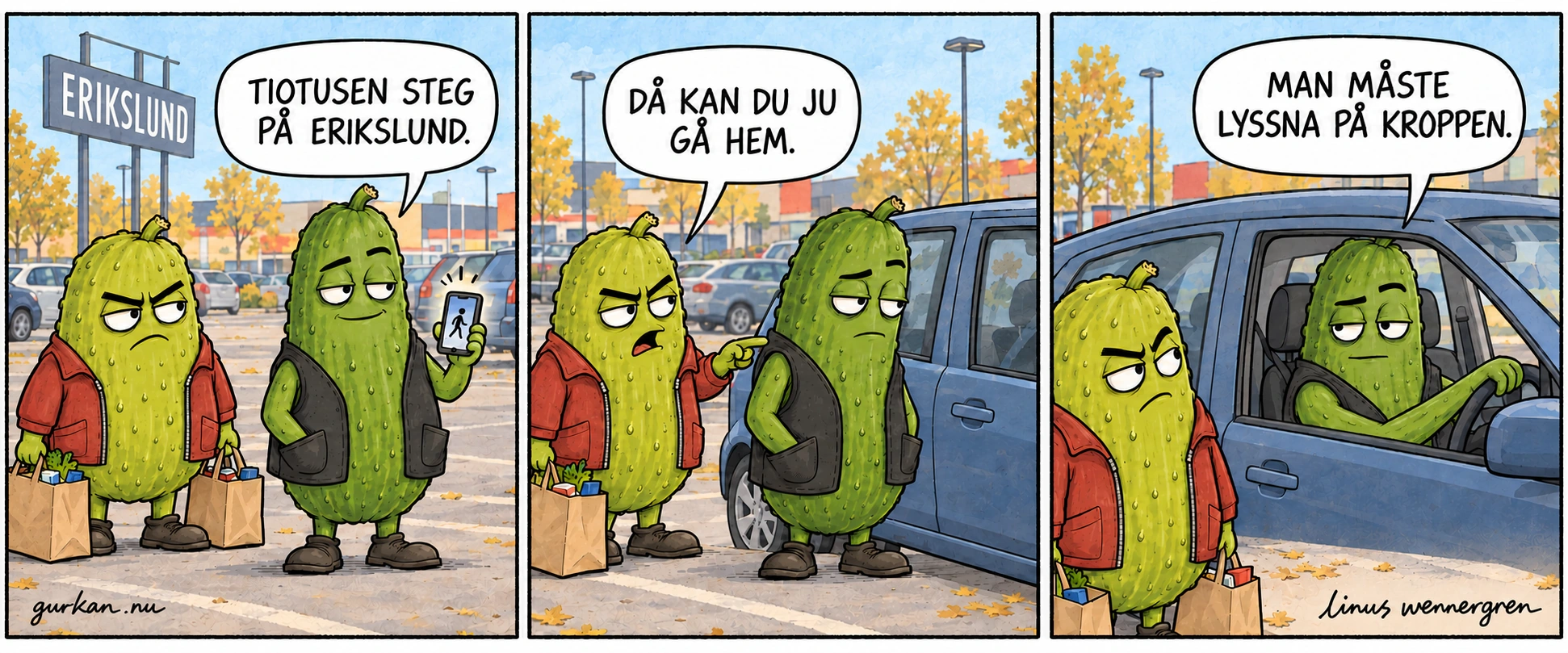 Tre rutor på Erikslunds parkering. Gurkan visar stolt tiotusen steg på mobilen. Kompisen föreslår att han går hem. Gurkan sätter sig i bilen och säger att man måste lyssna på kroppen.