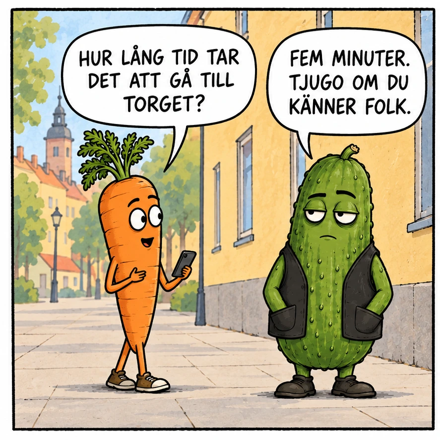 Ruta 1 i Gurkan: Gångavstånd. Replikerna finns som text på seriesidan.